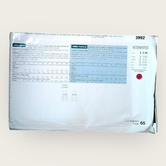 Vintage 1990s Butterick See & Sew Sewing Pattern 3992 Girls Dress Size 2-6 Uncut - Picture 2 of 2